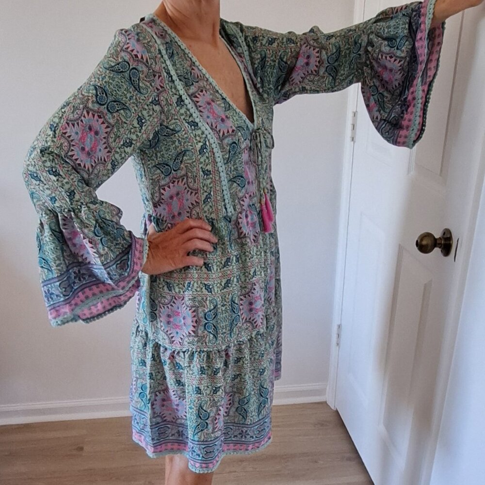 Bohemian Style Print Dress Bell Sleeve V-Neck Tassels Ribbon Made in India OS